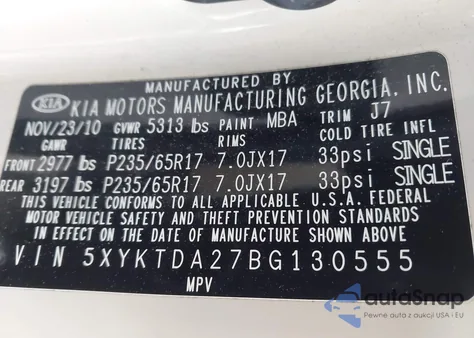 2011 Kia Sorento Lx V6 из США, поврежденный, VIN 5XYKTDA27BG130555